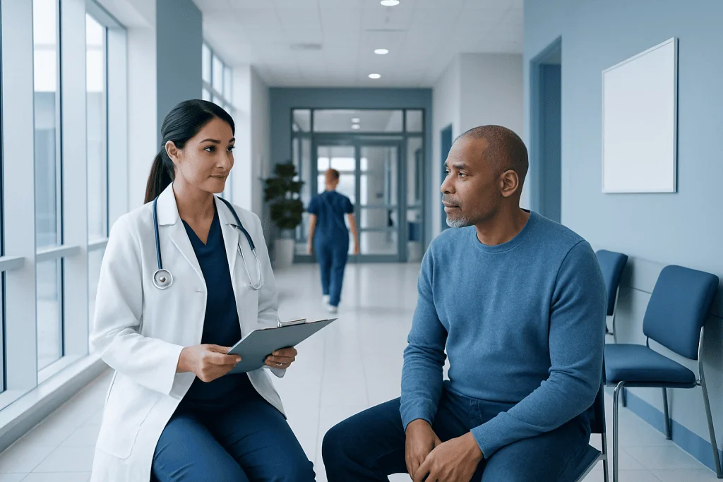 Kidney function test: Symptoms, Causes, and Treatment — Complete Patient Guide 1 Doctor consulting with patient in hospital corridor.