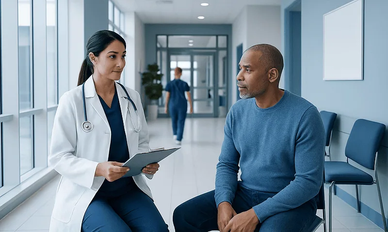 Doctor consulting with patient in hospital corridor.