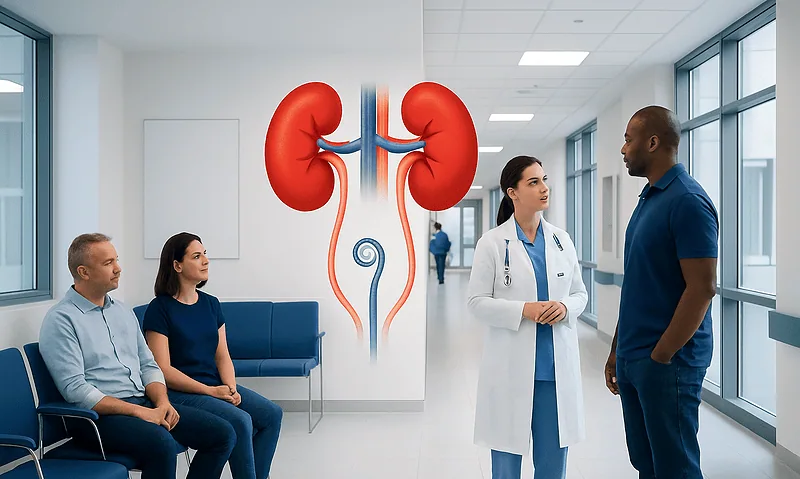 Urology consultation at Acibadem Hospital with kidney diagram in background.