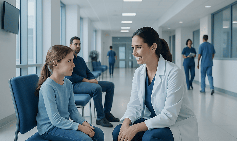 Pediatric dentist consulting young girl in a modern hospital corridor.