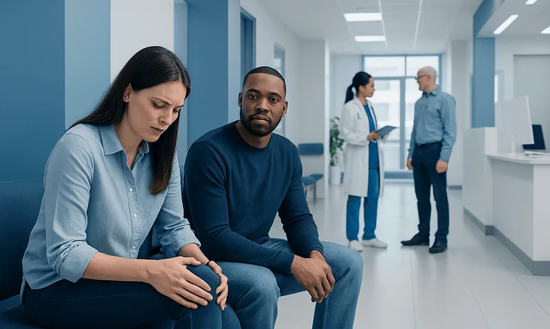 Patient experiencing knee pain in a hospital waiting area.