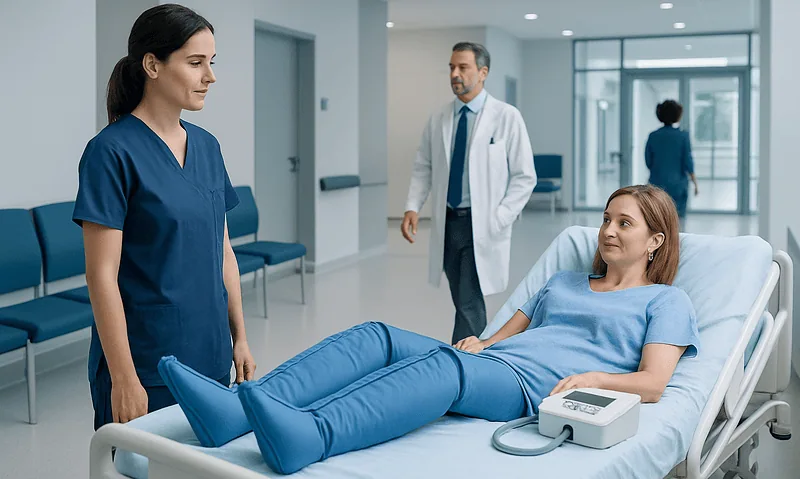 Patient using leg compression machine in hospital room.