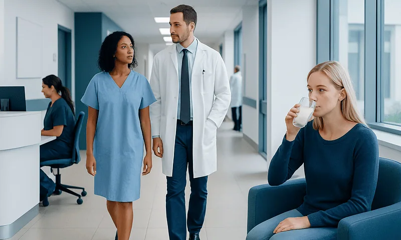 Medical professionals and patient in hospital corridor.