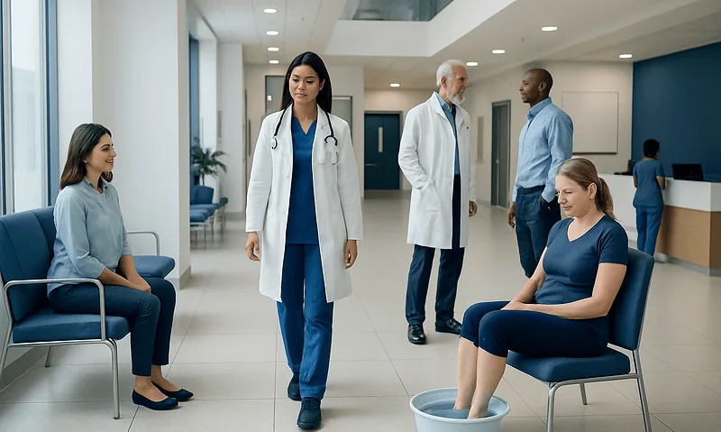 Medical professionals and patients in a hospital waiting area.