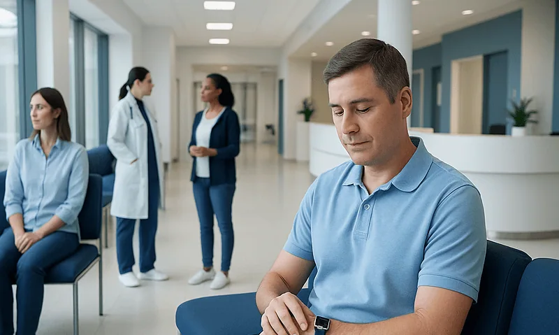 Patient waiting in hospital corridor checking smartwatch.