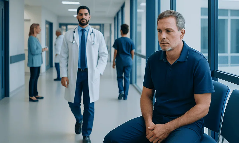 Man waiting in hospital corridor with doctors and staff in background.