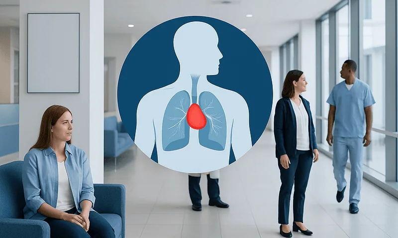Medical illustration of lungs and mediastinal area with focus on the heart.