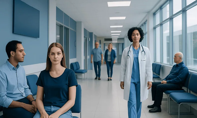 Diverse group of patients and healthcare professional in hospital corridor.