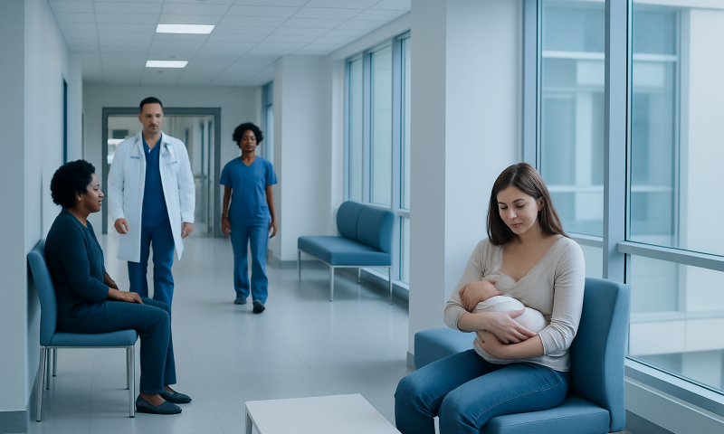 Young mother with newborn in hospital waiting area, healthcare professionals nearby.