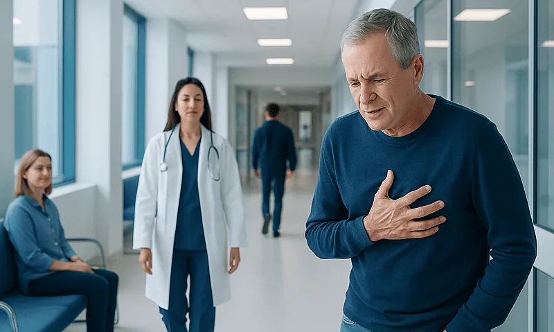 Older man clutching chest in hospital corridor with medical staff nearby.