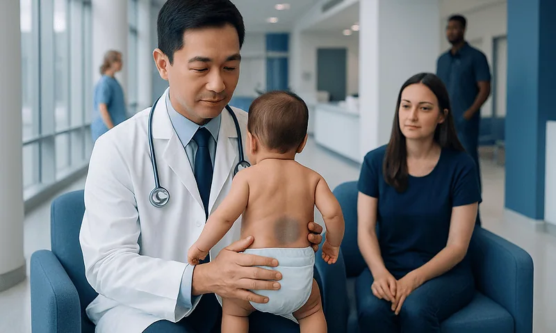 Pediatric doctor examining a child's back in a hospital setting.