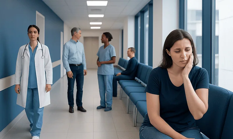 Young woman waiting in hospital corridor looking worried.