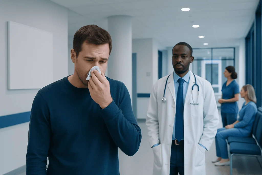 Nasal mucus plug: Common Causes, Warning Signs, and When to See a Doctor 1 Man with nasal congestion holding tissue in hospital corridor.