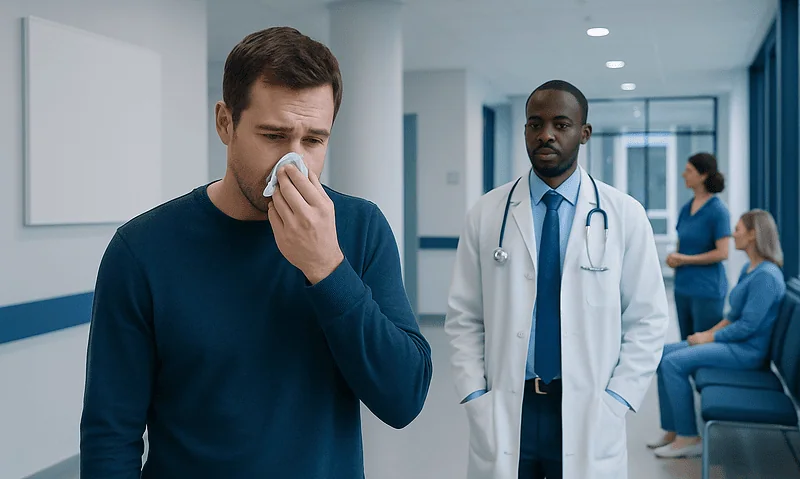 Nasal mucus plug: Common Causes, Warning Signs, and When to See a Doctor 18 Man with nasal congestion holding tissue in hospital corridor.