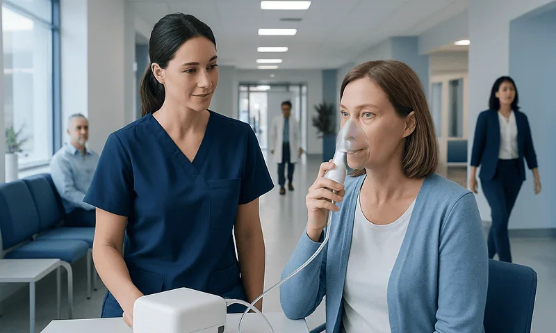 Nurse assisting patient with nebulizer treatment in hospital corridor.
