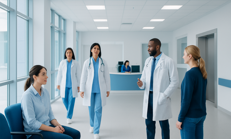 Medical team discussing patient care in a hospital corridor.