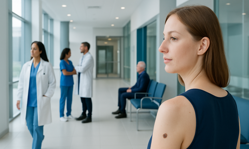 Patient with a mole at a hospital waiting area, healthcare professionals in the background.