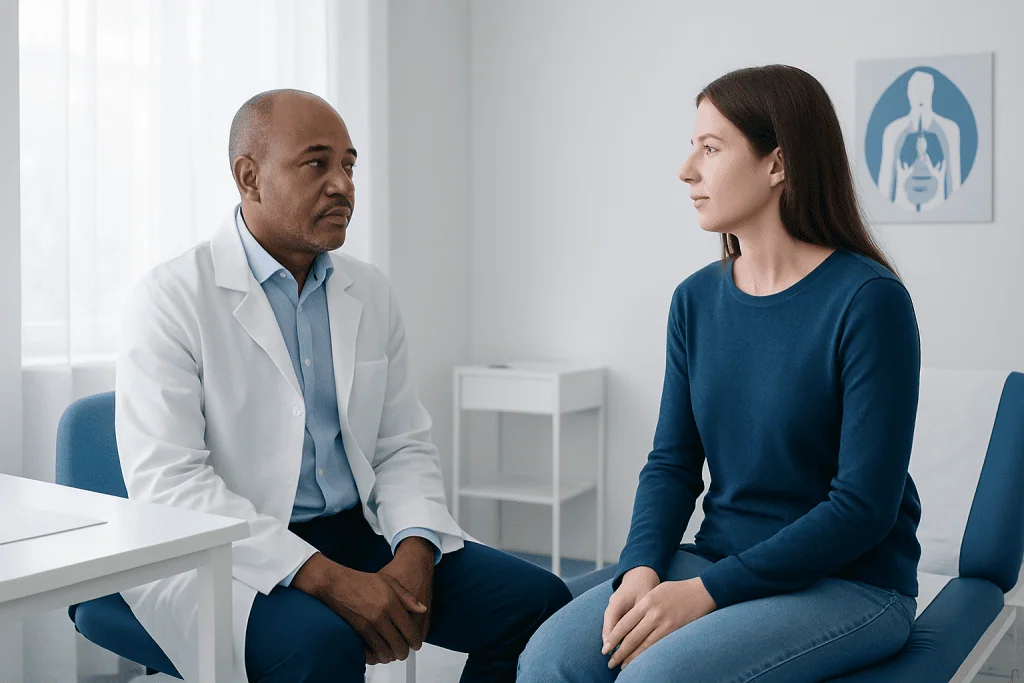 Doctor consulting with young woman in a medical office.