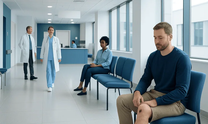 Patient with knee pain in hospital waiting area at Acibadem Hospitals Group.