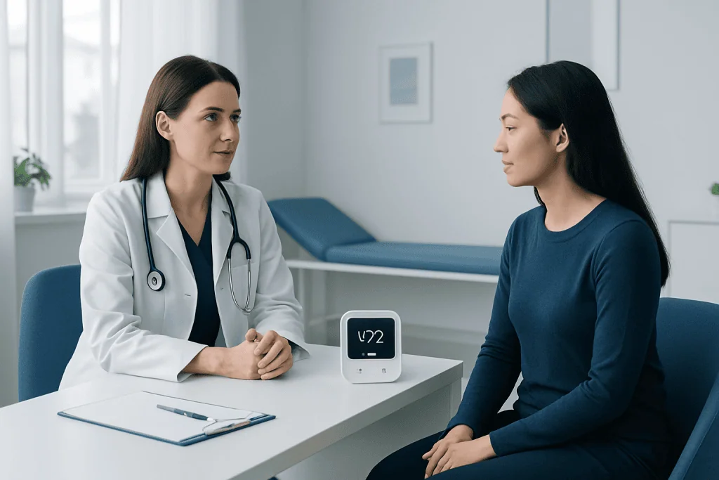 Doctor consulting patient in a hospital room with heart rate monitor.