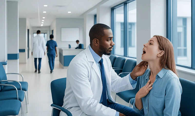 Doctor examining a patient in a hospital corridor with large windows.