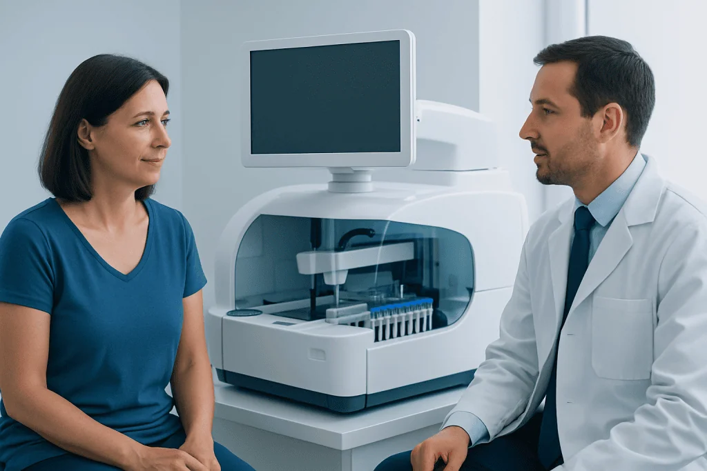 Medical professional consulting a patient in a clinical setting with lab equipment.