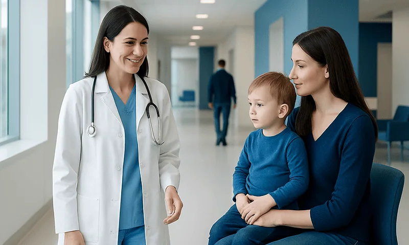 Pediatrician talking to mother and child in hospital corridor.
