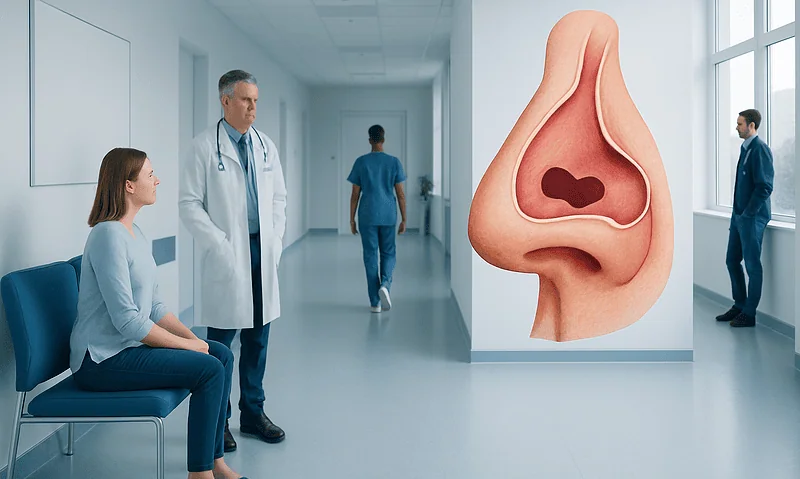 Medical consultation about nasal septum with a 3D nasal model in hospital corridor.
