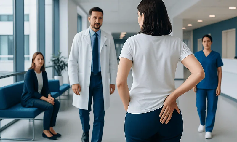 Patient discussing symptoms with medical team in hospital corridor.
