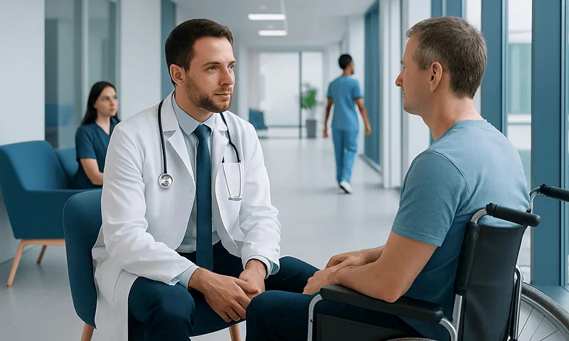 Physiatrist consulting with a patient in a hospital corridor.