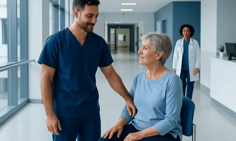 Healthcare professional assisting elderly woman in hospital corridor.