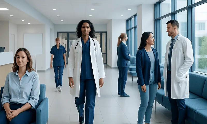 Medical team in hospital corridor with doctors and nurses.