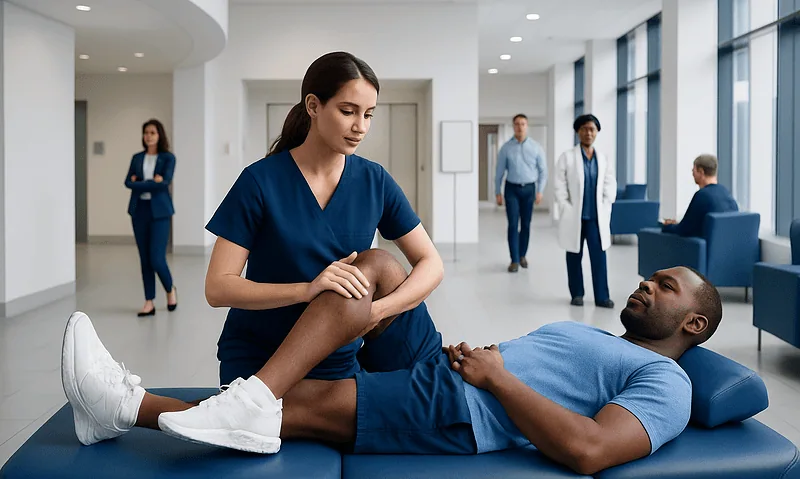 Physical therapy session at Acibadem Hospital with healthcare professionals.