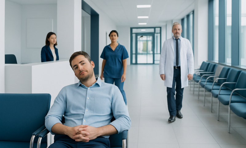 Power Nap: An Evidence-Based Guide for Patients 4 Patient waiting in hospital corridor with medical staff nearby.