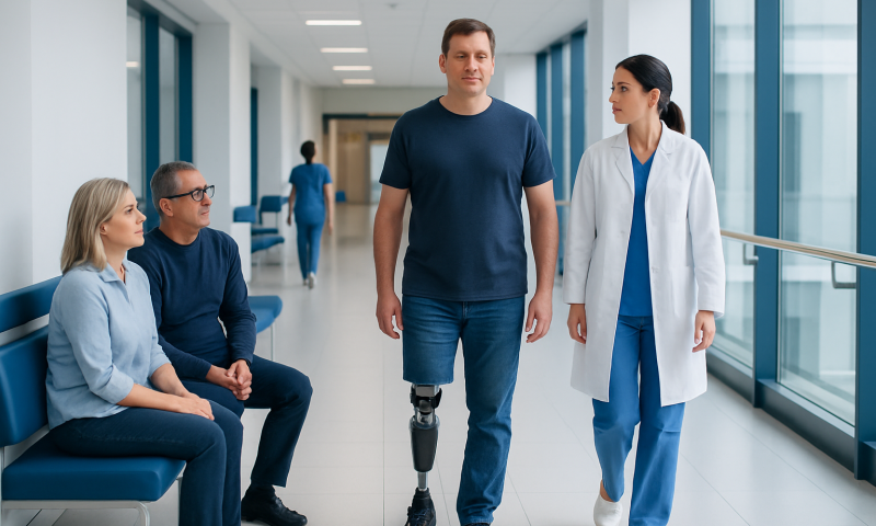 Patient with prosthetic leg walking in hospital corridor with medical staff and visitors.