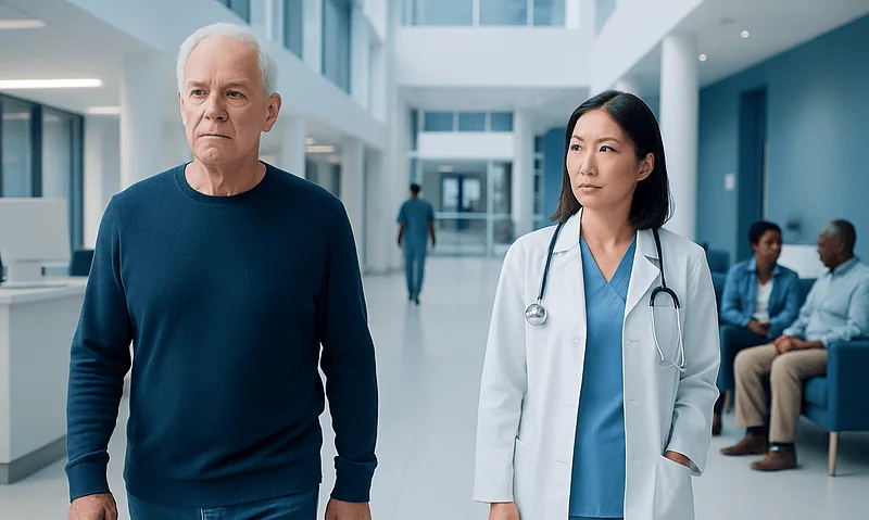 Quintuple Bypass: Benefits, Risks, and Recovery — A Complete Guide 5 Senior man and female doctor walking in hospital corridor.