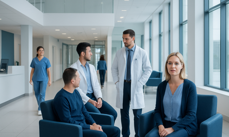 Medical team consulting patients in a modern hospital corridor.
