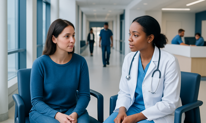 Doctor consulting a patient in a hospital corridor.