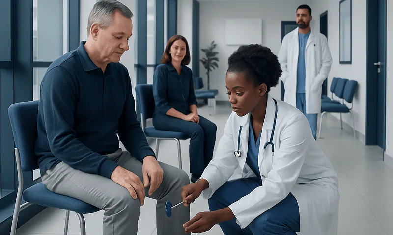 Doctor examining patient's knee in a hospital waiting area.