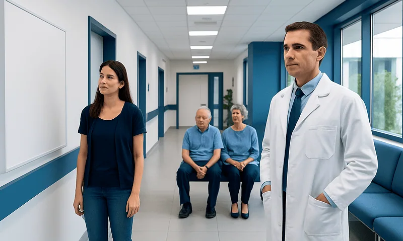 Medical team and patients in hospital corridor at Acibadem Hospitals Group.