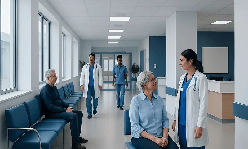 Healthcare professionals consulting with elderly patient in hospital corridor.