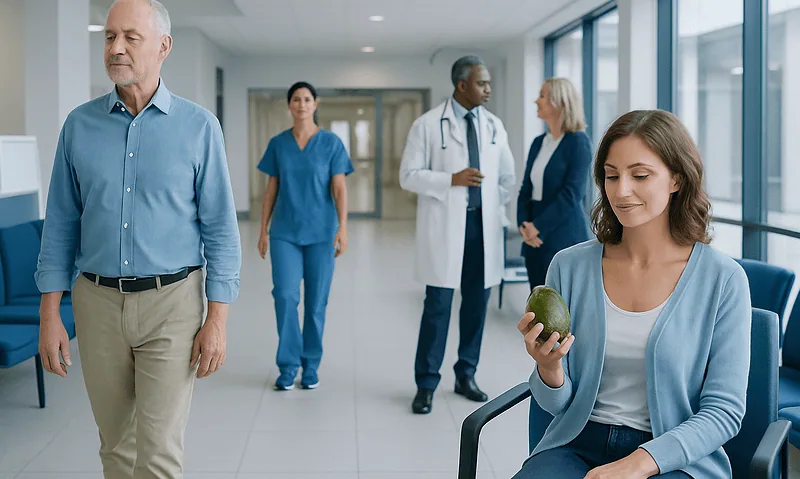 Patient holding avocado in hospital corridor with medical staff nearby.