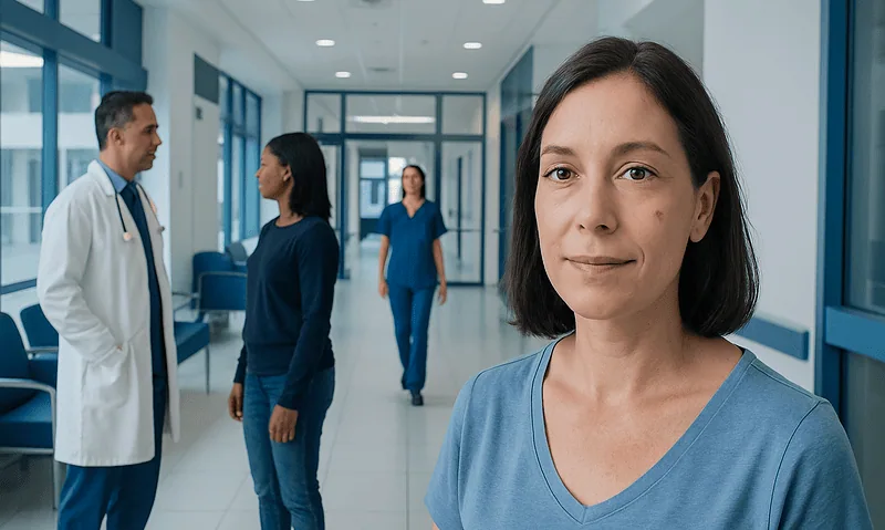 Healthcare professionals and patient in a modern hospital corridor.