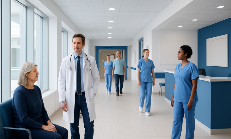 Medical team consulting with patient in hospital corridor.