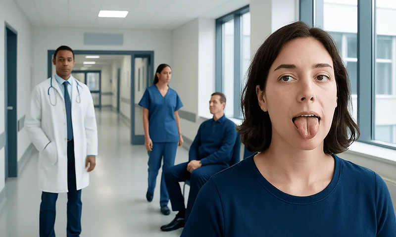 Young woman with scalloped tongue in hospital corridor with medical staff.