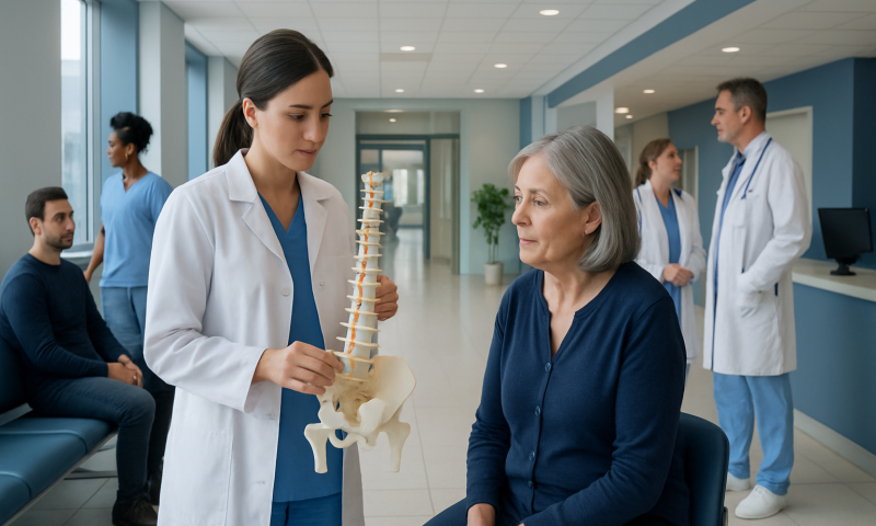 Medical professional explaining spinal anatomy to patient in hospital corridor.