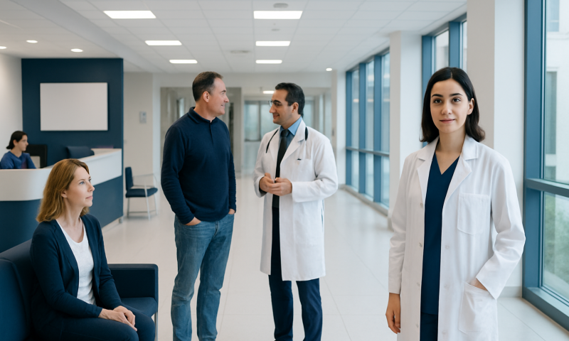 Medical team discussing patient care in hospital corridor.