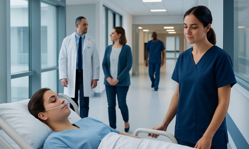 Hospital staff caring for patient in a modern medical facility.