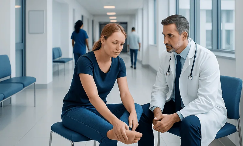 Doctor examining patient's ankle in a hospital corridor.