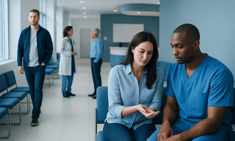 Healthcare professionals waiting in a modern hospital corridor.